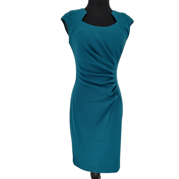 Calvin Klein Woman's Turquoise Sheath Dress Size 2 Ruched Side Back Zipper/ Slit - Picture 1 of 8